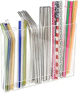 9.6 Large Acrylic Straw Holder for Cabinet Door - 6 compartments, easy to clean, Reusable Tumbler Straw Organizer Storage, Small Kitchen Accessories Container, Ultra Sticky Cupboard Door Mounted