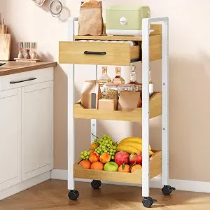 Hoctieon 3-Tier Rolling Storage Cart with Drawer, Rolling Utility Cart Organizer, Mobile Shelving Unit with Wheels, Metal Frame, Kitchen Utility Cart for Small Space, Office, Bathroom, Oak Beige