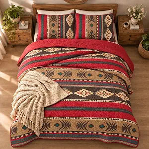 Rugs 4 Less Western Southwestern Native American Tribal Navajo Design Quilted Bedspread in Brown Green and Burgundy Mojave (Twin)