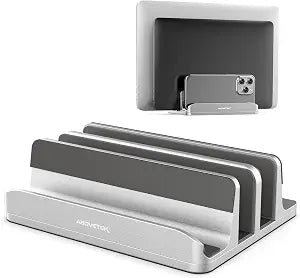 AboveTEK Vertical Laptop Stand, 3 Slots Aluminum Desk Laptop Holder & Laptop Docking Station Stand for MacBook, Tablet, Phone - Universal Fit (Up to 17.3") - Heavy Duty Polished, Anti Slide - Silver