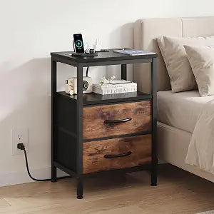 OLIXIS Nightstand with Charging Station, Beside Table with Fabric Drawers