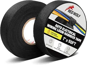 RED WOLF Wire Electrical Tape, 1 Inch x 50 Feet 2-Roll, Felt Cloth Electric Tape Noise Dampening High Temp Wiring Loom Harness, Self-Adhesive Fabric Tape for Automotive Engines Wrap Protection