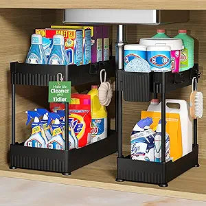 Sevenblue 2-Pack Under Sink Organizer with Hooks & Hanging Cup for Kitchen