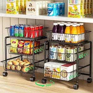 3-Tier Pull-Out Rolling Pantry Floor Organizer and Storage Cart with Wheels