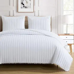 Chezmoi Collection Iris 3-Piece Washed Microfiber Quilt Set with Pom Pom Trim ��� Soft Lightweight Bedspread Bedding Set, Queen, White