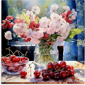 Summer Blossoms Cherries Floral, 17 x 17 Inch Canvas Wall Art