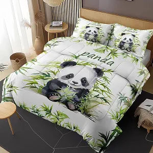 Comforter Set of 3, Twin, Bedroom Decor Panda Bamboo