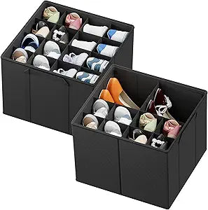 SpaceAid Shoe Organizer for Closet, 2 Pack Foldable Shoe Storage Containers Baskets Boxes Bins w/Adjustable Dividers, Fits 16-32 Pairs, Black