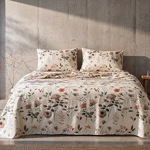 DaDa Bedding Collection Enchanted Meadow Bed Sheet Set - Floral Harmony in Beige, Rose, and Soft Green, Premium Soft Microfiber, Machine Washable, Deep Pocket 14-15 Inches + Flat Sheet (Full)