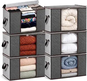 Storage Bags For Clothes - 6-Pack Collapsible Organizers for Blankets, Bedding & Clothes - Large 90L Zip Bags with Handles - Clear Durable Containers for Closet Organization (Grey)