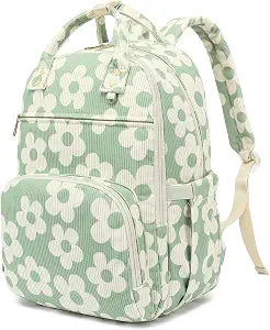 Laptop Backpack for Women Girls, Corduroy School Bag Purse with Laptop Compartment, Lightweight College Backpack for Travel Work Daily Use, 15.6 Inch Laptop Nurse Teacher Backpack-Floral Matcha Green
