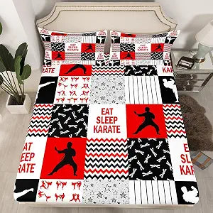 Karate Fitted Sheet Twin Size,Japanese Karate Sports Bed Sheet for Kids Boys Teens Men Adult Room Decor,Red White Black Bedding Set Stars Stripes Plaid Deep Pocket Sheet,1 Pillowcase