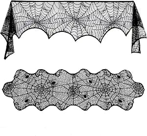 Lulu Home Halloween Fireplace Decorations, Fireplace Mantle Scarf Cover and Table Cloth, Black Lace Spider Web for Table, Door, Window and Fireplace Decoration, Halloween Decoration
