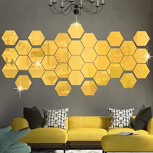 RW-103 36 Pcs Acrylic Hexagon Mirror Decals DIY Removable 3D Geometric Mirror Art Setting Wall Decor for Bedroom, Living Room, Office, Kitchen & Home (Gold)