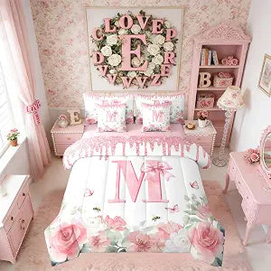 Erosebridal Princess Bow Full Comforter Set with Sheets 7 Piece Initial M