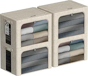 4 Pack Clothes Storage Bins with Metal Frame - 22L Stackable Storage Box with LidFoldable Storage Container Organizer for ClothesLinen Fabric Storage Box with Clear WindowZippersHandles