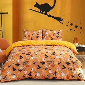 Luxudecor Halloween Duvet Cover Set Queen Size Pumpkin Bat Tombstone Witch Hat Cobweb Pattern Duvet Cover Orange Soft Microfiber Halloween Themes Bedding Set Kids Gift(3pcs, 90"x90")