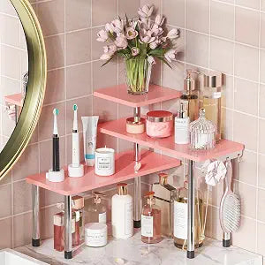ZHWS Bathroom Counter Organizer Corner Shelf Bathroom Organization Bamboo 3 Tier Spice Rack Makeup Organizer Bookshelf Space Saving Rack Kitchen Office Living Room (Pink)