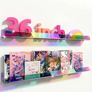 2 Pack RORKIM 36 Inch Iridescent Acrylic Floating Shelf, Kids Bookshelf