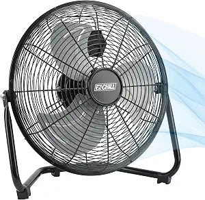 EZ-CHILL 12 Cradle Floor Fan, 3 Speed, High Velocity, 180 Degree Adjustable Tilt, All-Metal, Carry Handle, Rubber Feet, Airflow 15.42 ft/sec, Ideal for Home, Bedroom & Office, Black