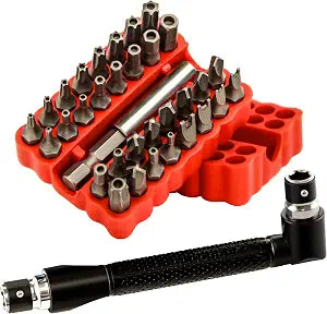 34pcs Security Bit Set 1/4 Inch Hex Shank Screwdriver Bit Set,Tamper Proof Bits-Torx+Hex+Tri Wing+Star+Spanner for Torx Security Screwdriver Set,High Hardness Impact Driver Bit Set(Red+Wrench)