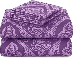 Hannah Linen Paisley Queen Sheet Set, 4 PC Soft Microfiber Wrinkle Free Sheets - Luxurious Printed Bed Sheets Includes Flat Sheet, Fitted Sheet with Deep Pockets, & 2 Pillowcases - Purple