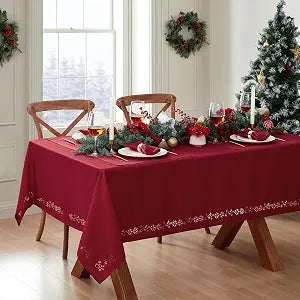 Elrene Home Fashions Poinsettia Noel Laser Cut Holiday Fabric Tablecloth, 52"x52" Square, Poinsettia Red