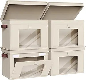Univivi Front Opening Storage Bins with Lids for Closet, Beige, 4 Pack