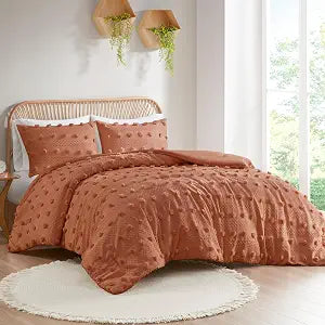 Intelligent Design Queen Duvet Cover Set, Clipped Jacquard Duvet Set Chic Pompoms Accent, All Seasons Lightweight Microfiber Bed Cover for Comforter with 2 Shams, Lucy, Full/Queen Rust 3 Piece
