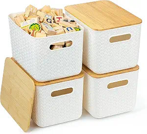 Ohmlove 4 Pack Storage Bins with Bamboo Lids,Stackable Box for Organization