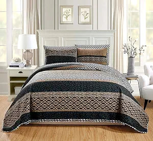 GrandLinen 2-Piece Fine Printed Oversize (66" X 95") Quilt Set Reversible Bedspread Coverlet Twin/Twin XL Size Bed Cover (Black, Brown, Taupe, Beige Lattice)