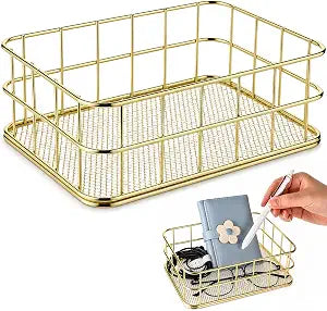 Gold Metal Wire Basket, 6.7 x 4.7 x 2.4 Inch Small Storage Basket Stackable Metal Wire Mesh Bin for Organizing for Home Desk Pantry Bathroom Kitchen Countertop, Gold
