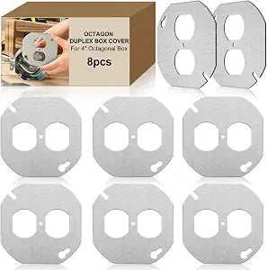 Copkim 8 Pcs 4 Inch Flat Octagon Duplex Box Cover, Galvanized Steel Outlet Cover Plate with with Keyhole & Slotted Mount, Fits Round & Octagon Electrical Boxes
