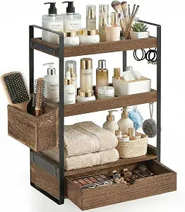 3-Tier Bathroom Counter Organizer with Drawer Basket and Hooks, Wood Bathroom Organizers and Storage for Countertop, Farmhouse Countertop Organizer, Counter Shelf for Vanity, Kitchen,Office