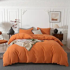 Janlive Washed Cotton Duvet Cover Set Linen Feel Textured Ultra Soft 100% Cotton Solid Color Orange Duvet Cover Set with Zipper Closure - 2 Pieces Orange Twin