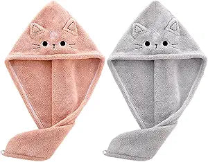2Pack Microfiber Hair Towel Wrap for Kids, Cute Cat Absorbent Hair Drying Turbans Head Towels for Women Girls (Pink and Gray cat)