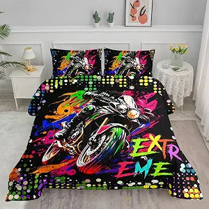 Black Motocross Comforter Set Extreme Sports Cool Printed Bedding Set with 1 Comforter and 2 Pillowcases for Boys and Girls Bedroom All Season(Motocross Twin)