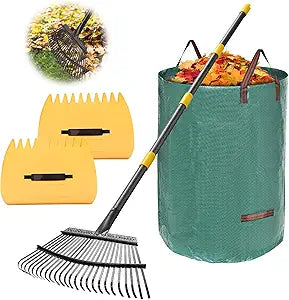 Rake for Leaves: Large 18" Wide Metal Leaf Rake, 65 Long Handle,25 Tines,Heavy Duty Graden Rakes Set for Lawn Yard Pine Needles Mulch Thatch Debris Cleanup Set with 32Gallon Leaf Bags and Scoops