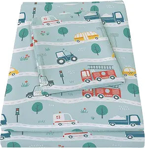 Boys Twin Sheets, Kids Car Truck Soft Microfiber Twin Sheets & Pillowcases with Elastic Corner Straps, Tint