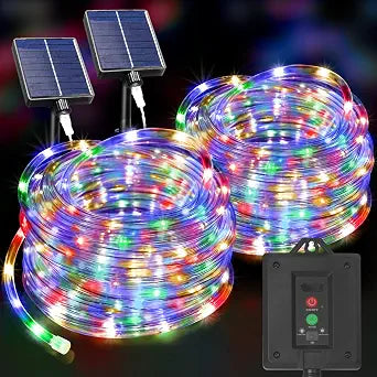 KNONEW Solar Rope Lights Outdoor 2 Packs Total 600LED 100FT Solar String Light Outside Waterproof with 8 Modes Clear Thin Tube for Pool Patio Garden Fence Camping Yard Deck TrampolineMulticolor