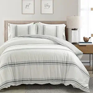 Lush Decor Farmhouse Stripe Reversible Cotton Duvet Cover Set 3 Piece Set, Full/ Queen Dark Gray - Bedding Set - Striped Duvet Cover Queen Size - Farmhouse Decor