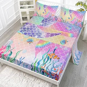 Datura home Sheet Set 4Pcs Fitted and Flat Girls Rainbow Pink Mermaid Tail Printed with 1 + 2 Pillowcases for (Rainbow Full), Full 81x97 inches