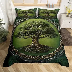 Tree of Life Duvet Cover King Size,Boho Tribal Tree Branches Mystic Green Bedding Set 3 Pcs for Adults,Exotic Style Geometric Circle Mandala Comforter Cover(No Filler)