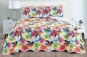 Masterplay 3-Piece Fine Printed Super King Size Quilt Set (115" X 95") Oversize Bedspread Coverlet Lightweight All Seasons Bed Cover in Green, Blue, Pink, Orange, Boho, Floral