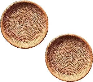 2-Pack 7.5" Rattan Round Key Baskets, Woven Wicker Storage Bowls