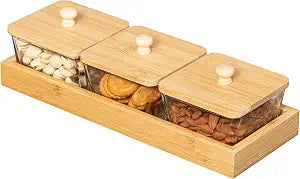 Basicwise Set of 3 Square Glass Jars with Bamboo Lids and Wooden Tray Rectangular Charcuterie, Snack Organizer and Fruit Platter for Party, Candy Jars, Cookies, Nuts, Fruits and Snack Box