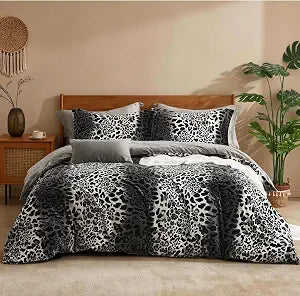 Petrichor Gray Leopard Duvet Cover Set Queen 90" x 90", 3 Piece Set with 2 Pillowcases ��� Ultra Soft Plush Flannel, Oeko-TEX�� Certified Safe Bedding, Zipper Closure & 8 Corner Ties