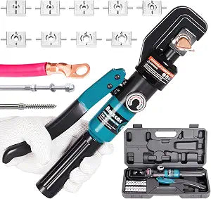 10 Ton Hydraulic Battery Cable Crimper Single-Hand Return, 9 Hex Dies for 12-2/0 AWG, 180 Rotating Head, Pro Terminal Tool for Car/RV/Marine Power