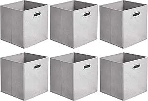 Amazon Basics Collapsible Cube Storage Bins, Space-Saving, Organizing Fabric Bins with Handles, 10.5 x 10.5 x 11 inches, Light Grey, 6-Pack