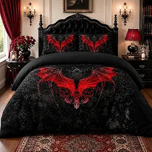 Goth Duvet Cover with Pillow Shams Gothic Bedding Sets Red Bat Wing Patterns Skull Bed Set King Size